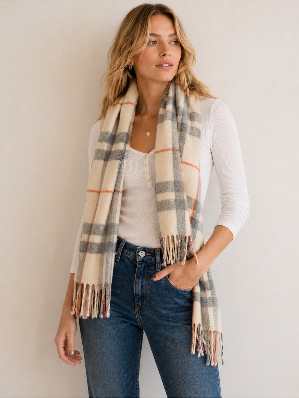J. Crew Cozy Pinky Beige Gray Plaid 100% Wool  Blend Scarf With Fringe red grey